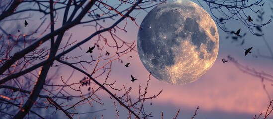 Poster - Beautiful Morning Sky With The Big Close Up Full Moon Before Sunrise Very Romantic Gentle Dawn Picture With The Poplar Bare Branches And Real Flying Birds