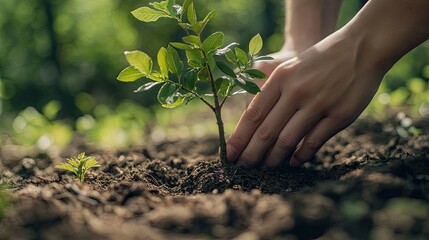 A close-up of a young tree being placed into a hole with hands gently covering the roots. The open, natural background provides ample copy space.