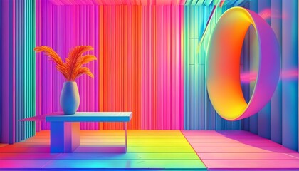 Wall Mural - Vibrant 3D Holographic Artwork with Bright Neon Colors for Captivating Desktop Wallpaper