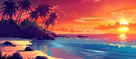 Wall Mural - Tropical Beach On The Sunset With Water And Rocks