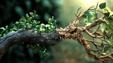 A close-up of a unique tree branch showcasing intertwined leaves and twigs in a serene natural setting.