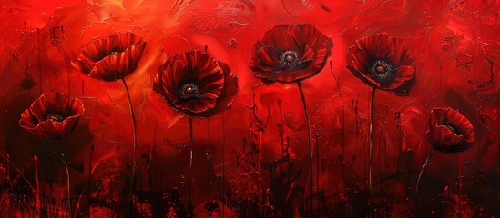 Wall Mural - Family Of Small Bright Red Blooming Wild Poppy