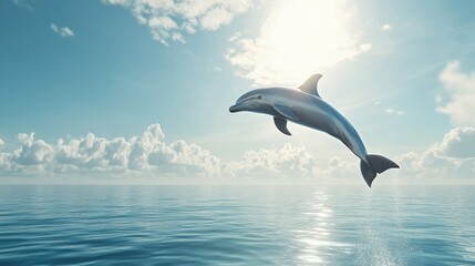 A dolphin in mid-air with a bright, sunny sky and ocean below. The vast, clear space around the dolphin provides a perfect area for copy.