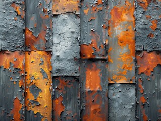 A detailed texture of an aged, rusted steel surface with intricate patterns and weathering marks. The colors include shades of gray, brown, silver, and hints of orange, creating a rustic yet elegant e