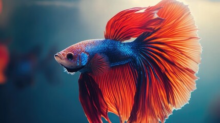 A dynamic shot of a fighting fish displaying its vibrant colors. The open space in the aquarium and around the fish offers room for text.