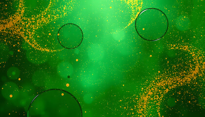 Abstract magic green background with golden sparkles. Photo of a green liquid with gold glitters. Various shades of green with golden splashes. Green backdrop with tints of golden glitters isolated 