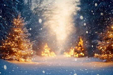 Abstract Background With Trees, Lights And Falling Snow /Christmas And New Year Concept with generative ai