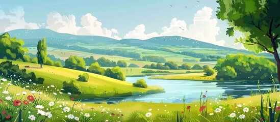 Canvas Print - Beautiful Summer Or Spring Panoramic Rural Landscape With Calm River And Green Hills With Blooming Wild Flowers And Trees At Sunny Summer Day River Up In Region