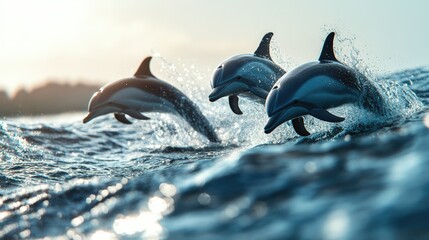 A group of dolphins creating a splash as they swim together with a clear, open sea backdrop. The empty space around them is perfect for text.