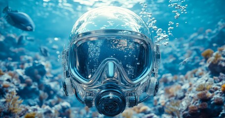 Underwater dive helmet in clear blue ocean