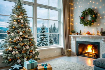 Wall Mural - christmas tree with fireplace