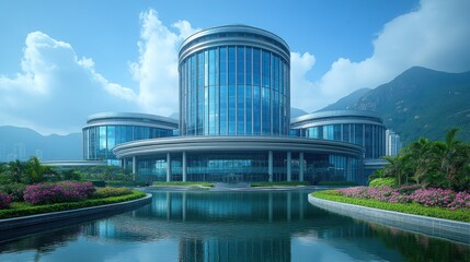 Poster - Modern Architectural Building with a Pond in Front and a Mountain in the Background