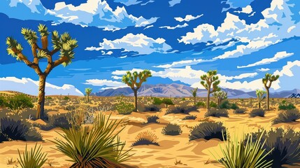 Poster - Joshua Tree Desert With Blue Sky And Clouds