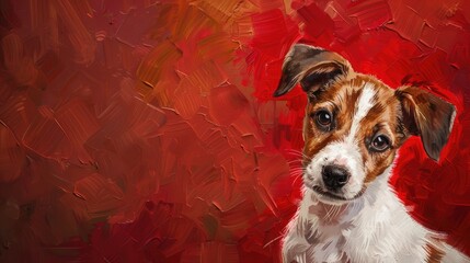 Canvas Print - Portrait Of A Puppy Jack Russell Terrier On A Red Burgundy Background