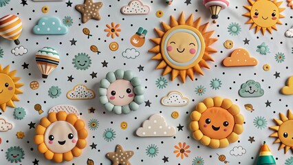 A cheerful pattern of suns, clouds, stars, and hot air balloons in a cartoon style on a white background.