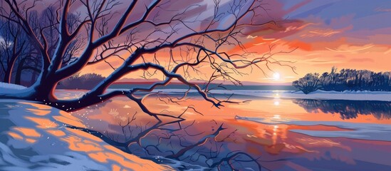 Poster - Sunset Landscape Reflect To River With Branch Tree Fall In The Winter