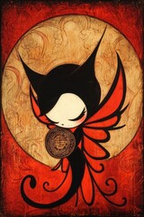 Poster - Mystical Red and Black Fantasy Creature with Coin