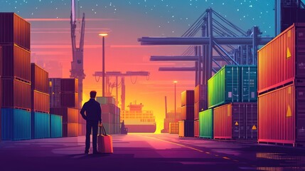 Wall Mural - Logistics coordinator ensuring stock container in a brightly lit port, flat design, back view, business theme, cartoon drawing, vivid color scheme 