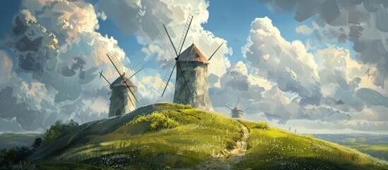 Canvas Print - Windmills On Hill Summer Day