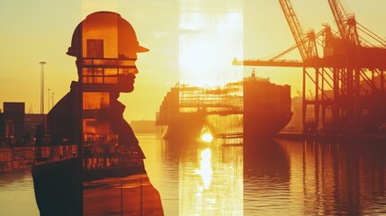 Wall Mural - Logistics manager inspecting stock in container terminal (close up, focus on, copy space) Sunlight reflecting on water and containers. Double exposure silhouette with shipping vessels