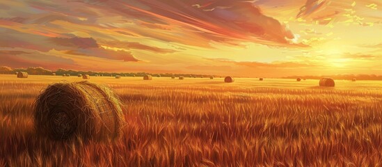 Wall Mural - Wheat Field After Harvest With Straw Bales At Sunset