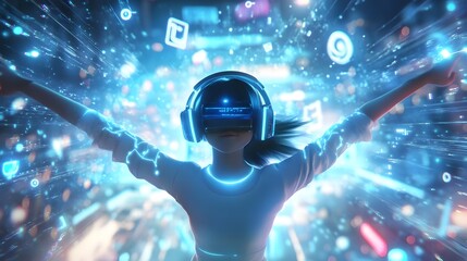 Canvas Print - Immersive Futuristic Virtual Reality in Glowing Cosmic Cyberspace