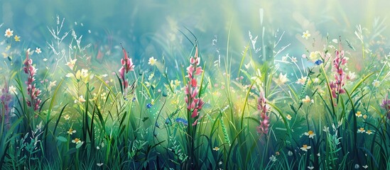 Sticker - Artistic Background Of Grass And Flowers