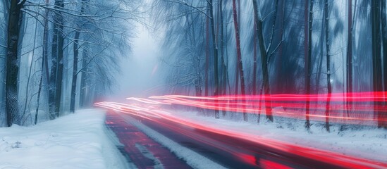 Canvas Print - Blurred Abstract Snow Covered Trees In Forest And Red Car Tail Lights On The Road