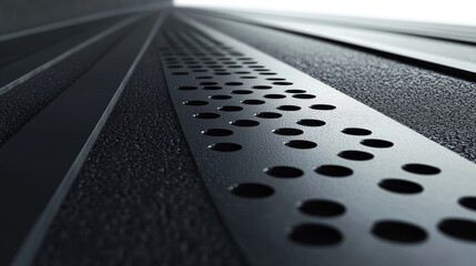 Abstract view of a black surface with perforations and textured design, highlighting modern industrial aesthetics.