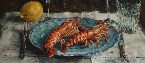 Canvas Print - Prawns On The Blue Plate