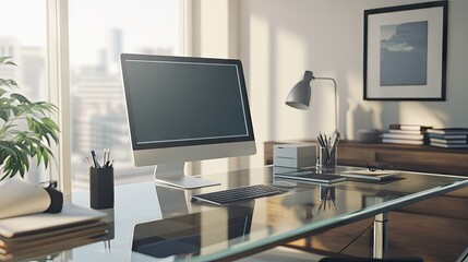 A tidy workspace with a glass desk, desktop computer, and a few office essentials. The clear, minimalistic surface allows for easy text placement.