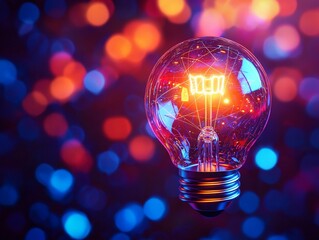 A glowing light bulb with vibrant reflections, showcasing modern design and artistic illumination against a colorful bokeh background.