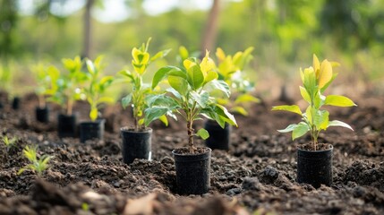 A tree planting ceremony with several saplings in the ground. The open, natural background offers plenty of room for text about the event.