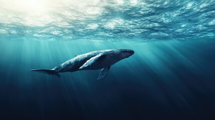 A whale diving into the depths of the ocean with a clear, unobstructed water surface above. The space around the whale is ideal for adding text.