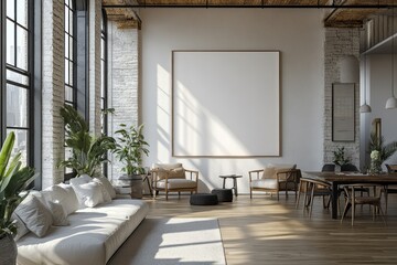 Poster - Modern Loft Interior Design with White Sofa, Large Windows and a Blank Canvas