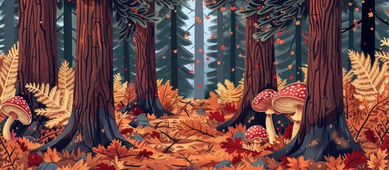 Wall Mural - Spruce Tree Forest Floor During Autumn Season With Pines Sticks Leaves Soil And Mushrooms