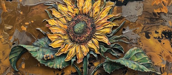 Wall Mural - Sunflower With Two Bees Pollinating