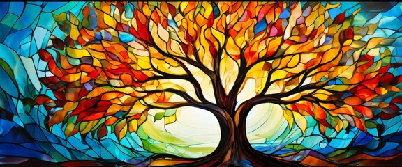 A vibrant stained glass window depicting a majestic tree in full autumn colors. The intricate details of the leaves and branches are brought to life through bright hues and delicate craftsmanship