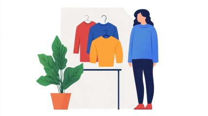 A stylish illustration featuring a woman standing by a table with colorful clothing and a potted plant, evoking a vibrant retail or fashion scene.