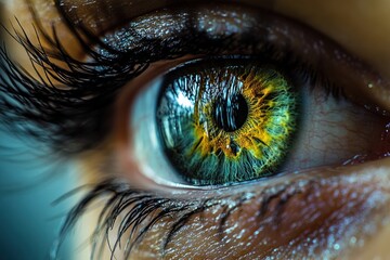 Poster - Closeup of a Human Eye with Vibrant Green and Yellow Iris