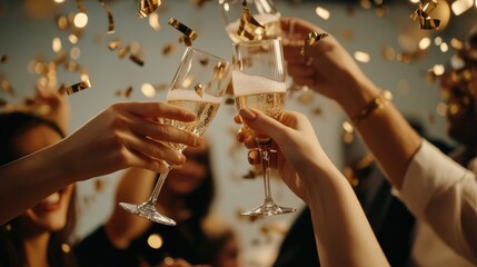 New Year Party, Clinking glasses of champagne in hands at New Year party