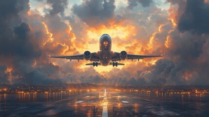 Canvas Print - Airplane Taking Off at Sunset