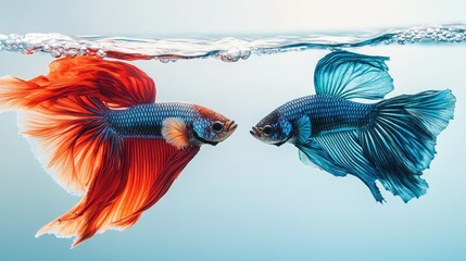 Two fighting betta fish facing each other with colorful tails. The clean, unobstructed water background provides space for copy.