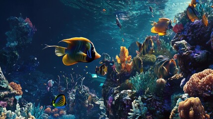 Underwater scene showcasing a diverse group of sea fish swimming together in harmony, with a rich, colorful reef in the background