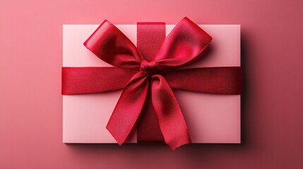 Pink gift box wrapped with a red ribbon is lying on a pink background