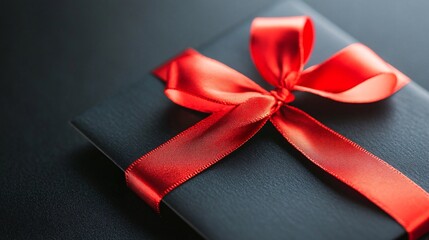 Red ribbon tied in bow on black gift box for holiday present