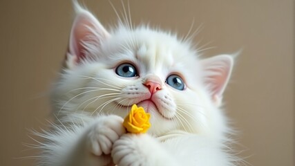 Poster - a white cat with blue eyes holds a yellow flower.