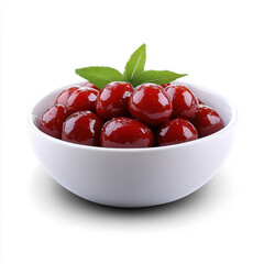 Wall Mural - A white bowl filled with shiny, glazed cherries, garnished with fresh mint leaves, isolated on a white background.