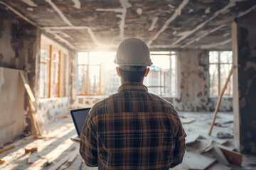 Man builder. Rear view of foreman with laptop. Contractor for construction company. Architect in unfinished building.