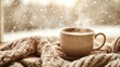 © Thamonchanok - A cozy scene featuring a steaming coffee cup on a knitted blanket, perfect for winter ambiance and relaxation.